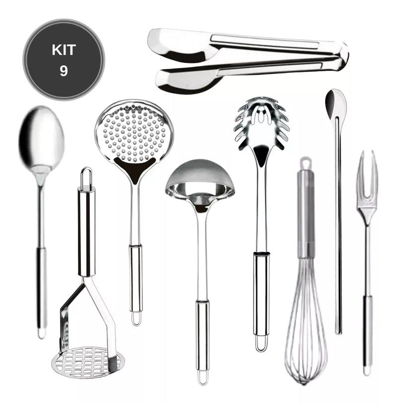 Kit Utensílios de Cozinha 9 Peças em Aço Inox
