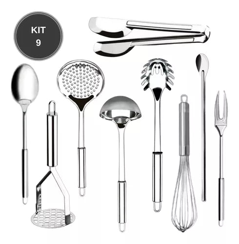 Kit Utensílios de Cozinha 9 Peças em Aço Inox